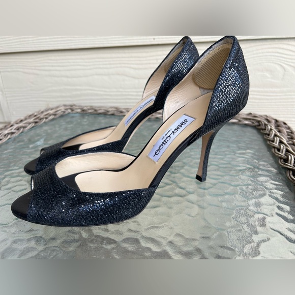 Nice! JIMMY CHOO London Made Italy Black Sparkle Peep Toe High Hes 39 US 9 - Picture 1 of 16